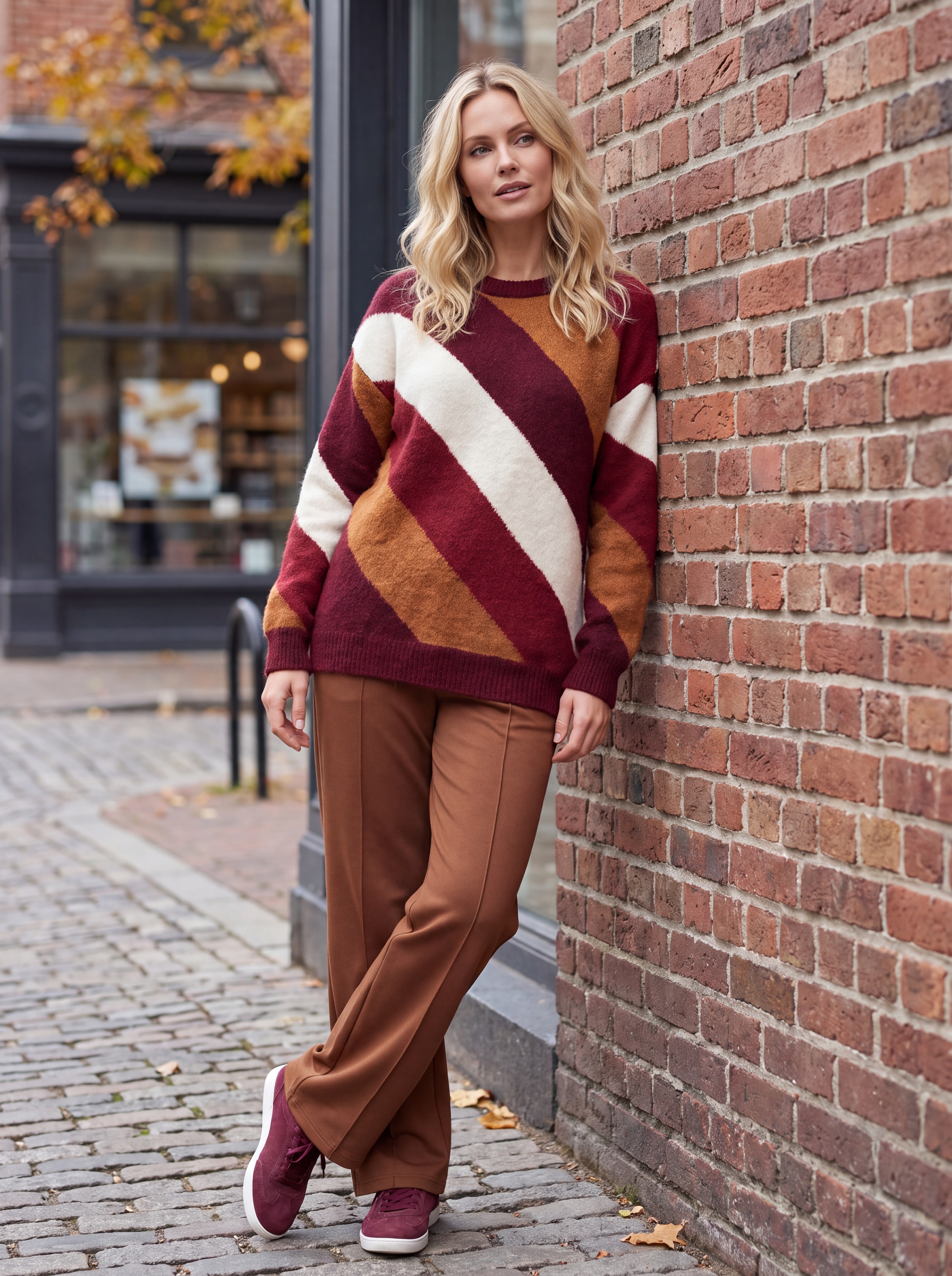 Dámsky pulóver s diagonálnymi pruhmi ROYAL EDGE BURGUNDY Bordovo-škoricový s.WEAR 15